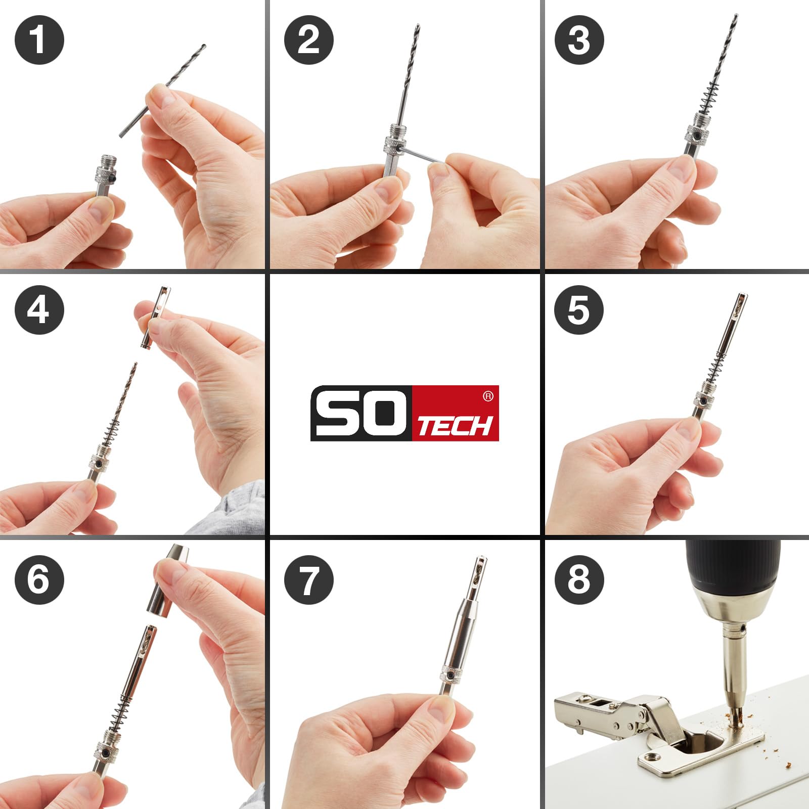 SOTECH punta di centraggio Ø 2,7 mm HSS4241 acciaio con codolo esagonale Ausilio per la foratura di cerniere con bussola di guida a molla