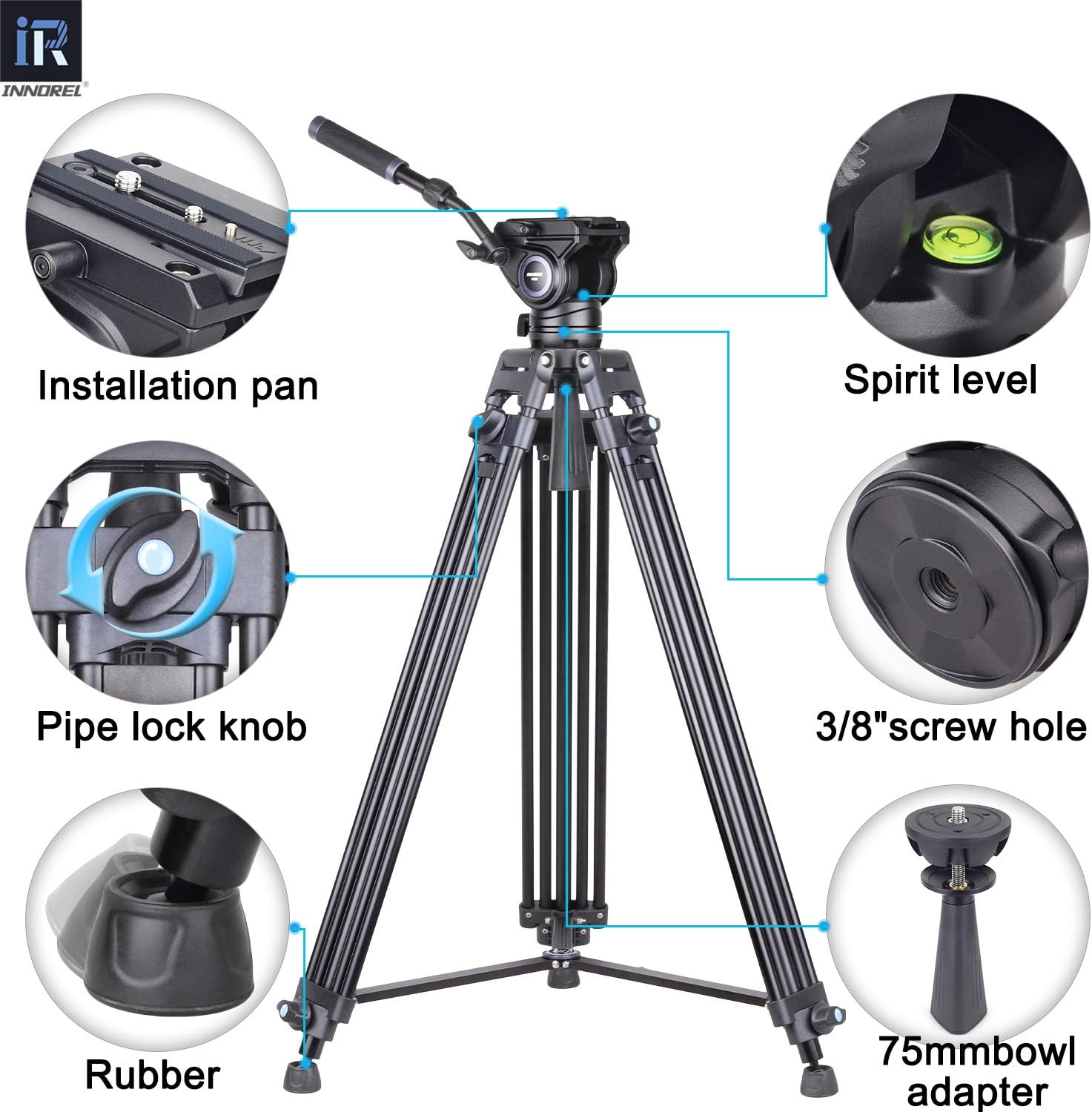Hоttеѕt Sаlеѕ Professional Video Tripod Kit-INNOREL VT80 Aluminum Camera Tripod with F80 Fluid Video Head and 75mm Bowl Adapter for Digital DSLR Camcorder DV, 185cm/72.8in Max Height, 26.5lb/12kg Max Load