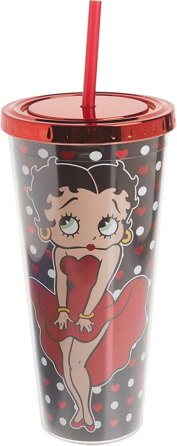 Spoontiques Acrylic Foil Cup with Straw, 20oz - Metallic Locking, Double Wall Insulated, BPA Free - Betty Boop