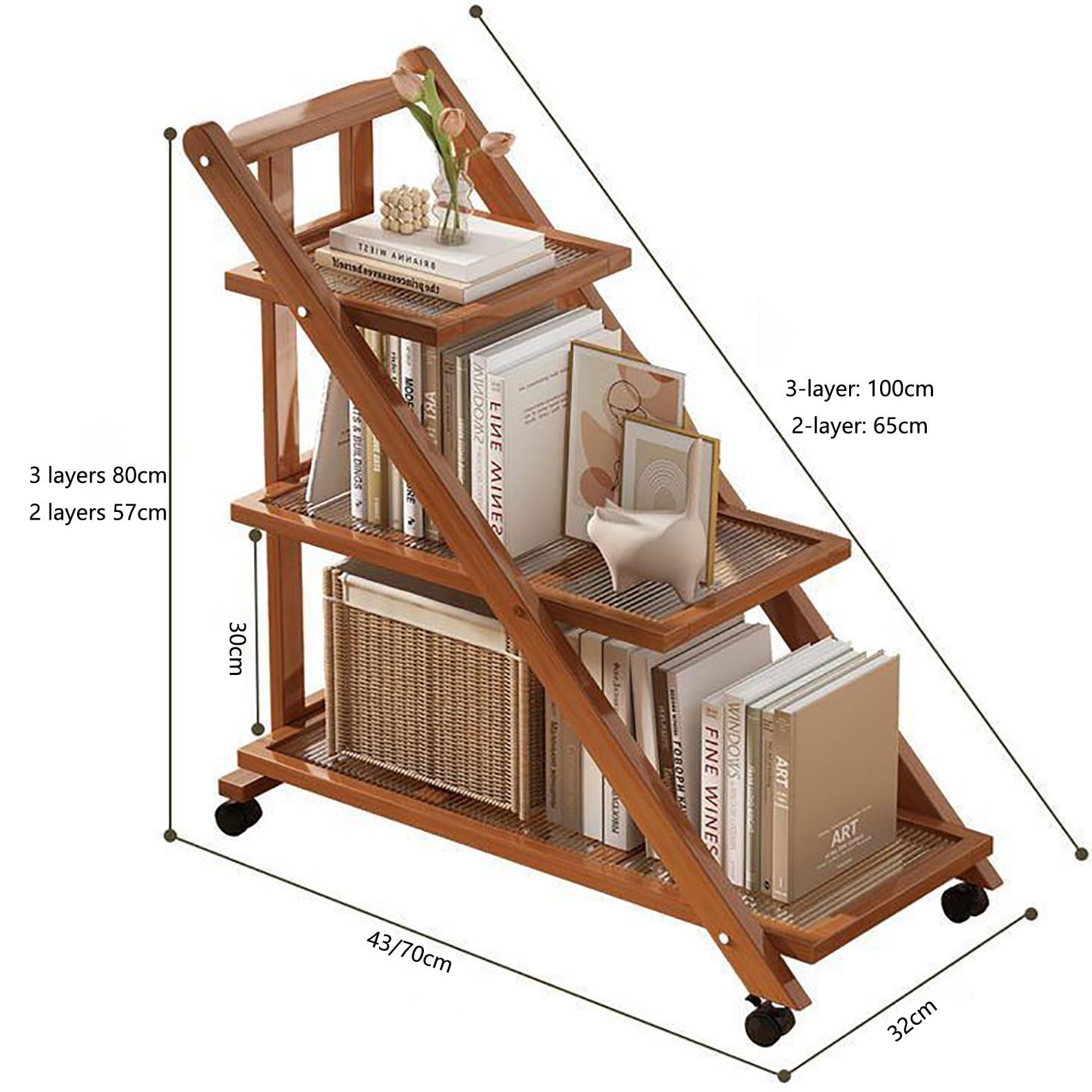 Camarera para Bebidas De Madera Plegable, Carrito con Ruedas, Portátil Y Multifuncional, Ideal como Carrito De Servicio para Cocina, Comedor, Sala, Bar, Terraza(B,57x43x32cm)