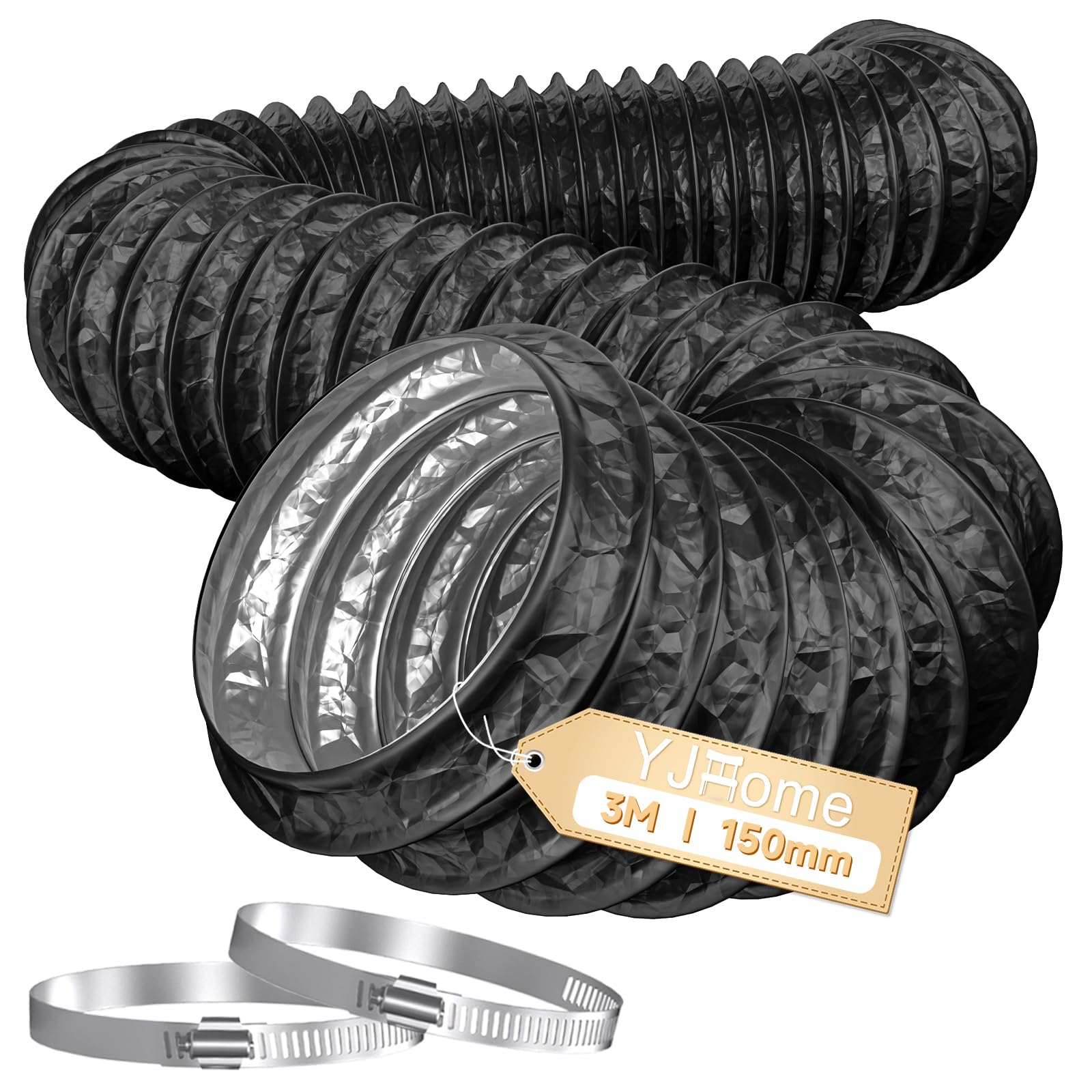 YJHome Manguera de salida de aire de 150 mm, 3 m de largo, manguera flexible con 2 abrazaderas de manguera, tubo de escape de PVC y aluminio para campanas extractoras, secadoras, ventiladores de