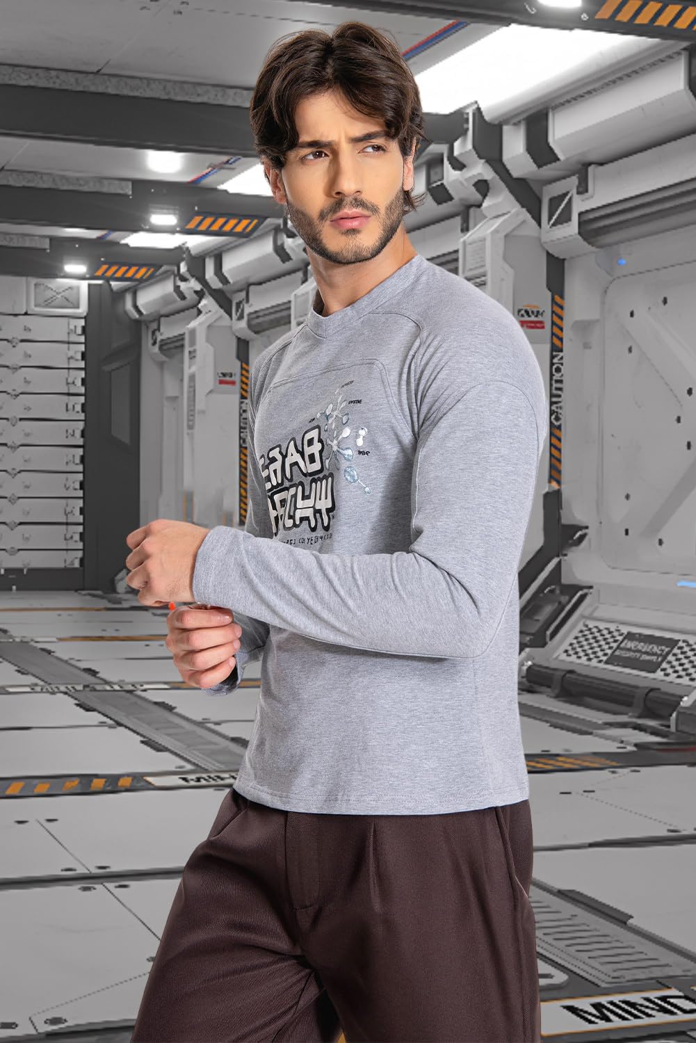 Mens Galactic Long Sleeve T-shirt Tee Halloween Cosplay Costume Print Top Grey