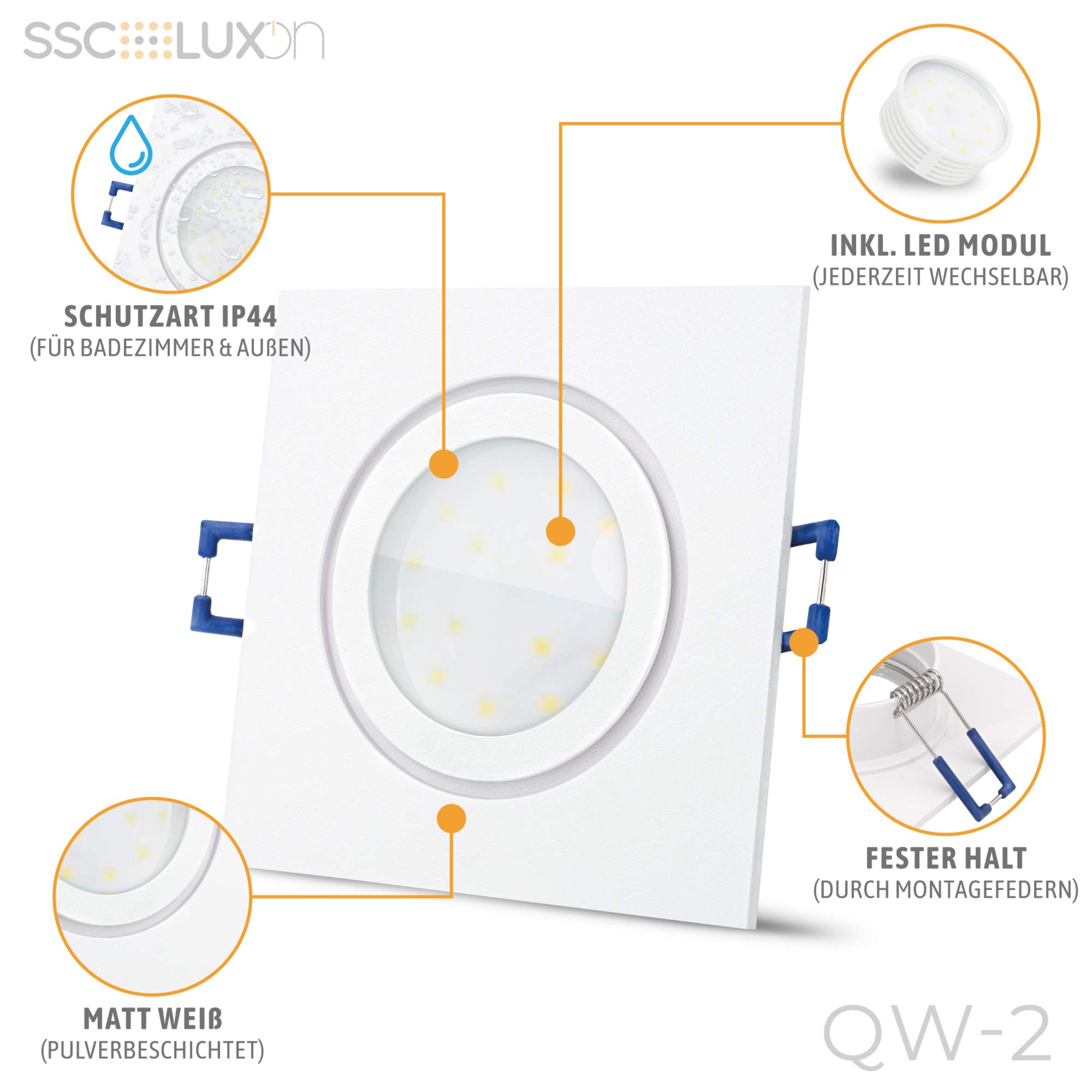 SSC-LUXon QW-2 Einbauleuchte LED Badezimmer IP44 extra flach - LED 4W neutralweiß tauschbar - Bad Einbauspot 230V weiß eckig