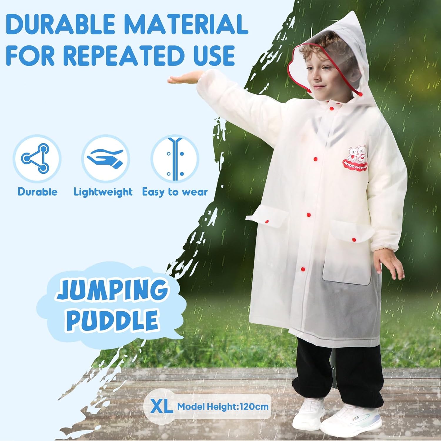 ANYOO Kids Rain Poncho with Hood Reusable Rain Jacket Lightweight & Durable Raincoats for Boys and Girls for Travel Outdoor - Image 6