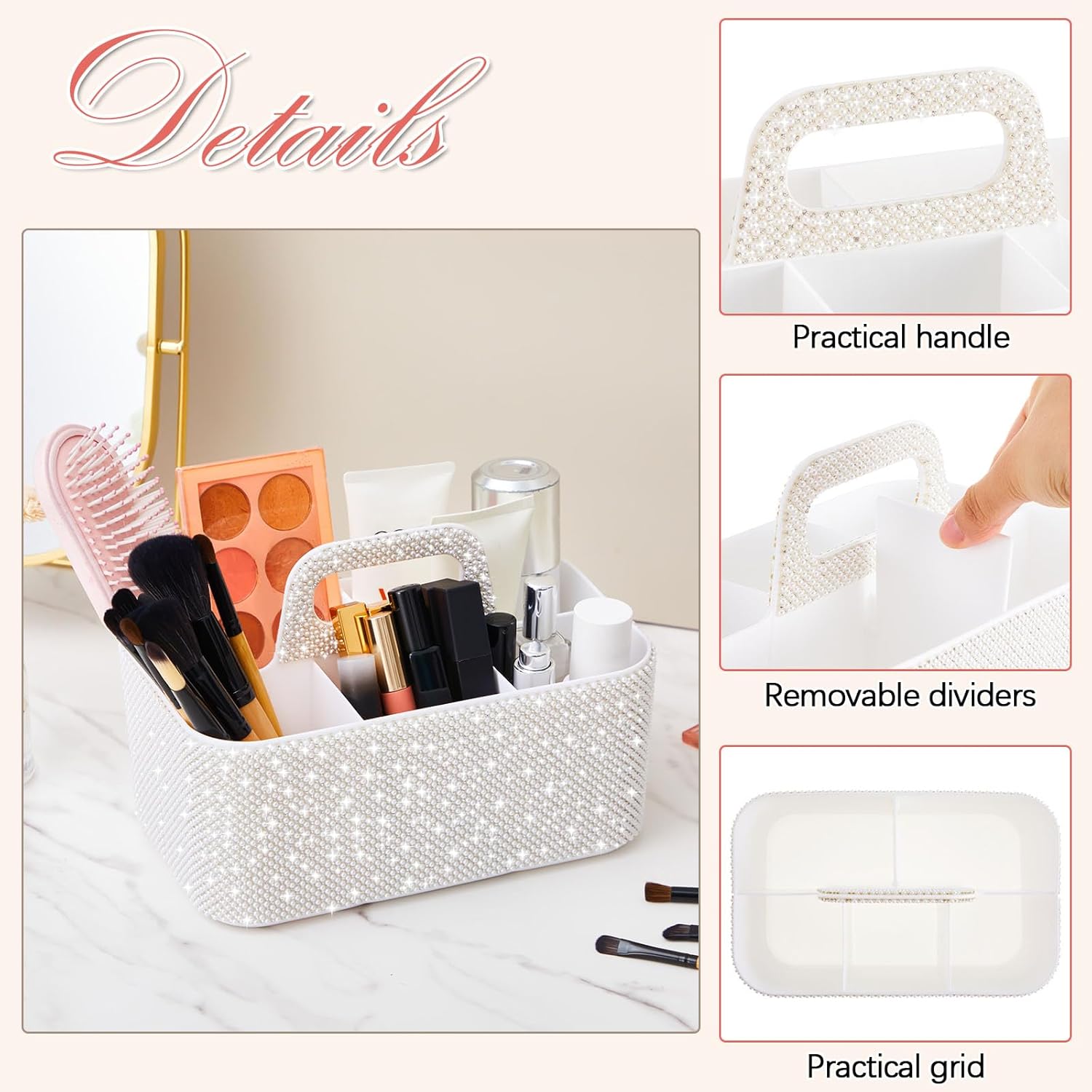 Marspark Bling Makeup Caddy Organizer with Handle, Sparkly Art Craft Holder, Glitter Bathroom Hair Caddy, Shimmer Pen Pencil Holder for Women Desk Organizer, Bling Gifts for Women(White,Pearl Diamond)