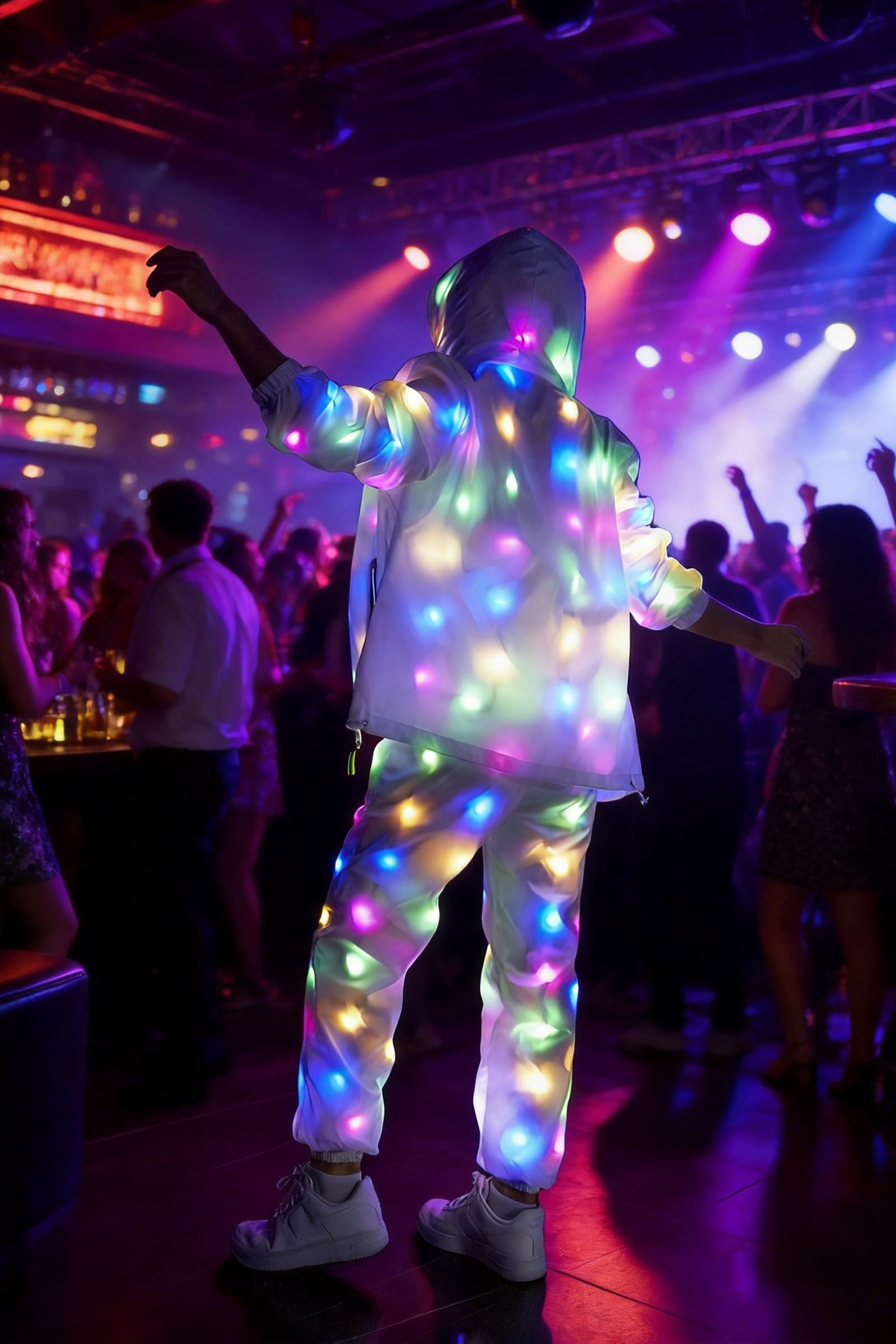 Giacca con cappuccio con luce a LED, per donne e uomini, 3 modalità (lampeggio lento/lampeggiante veloce/fisso), lavabile, per feste e rave