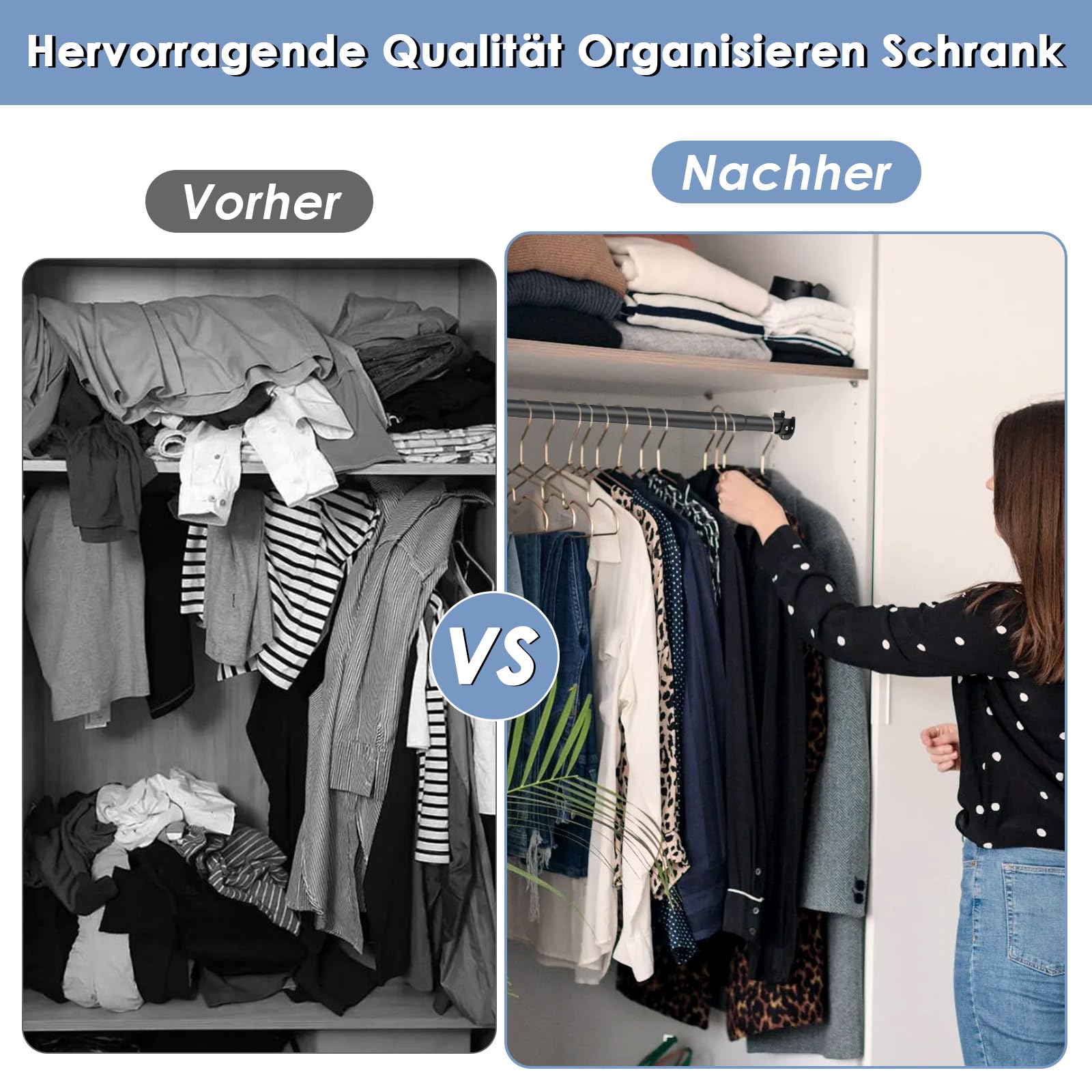 Garderobenstange Schwarz, Ausziehbare Kleiderstange 74-130cm,1 Set Teleskop-Schrankstange für Schlafzimmer Schrank-Kleiderstange （Durchmesser 32 x 28 mm）
