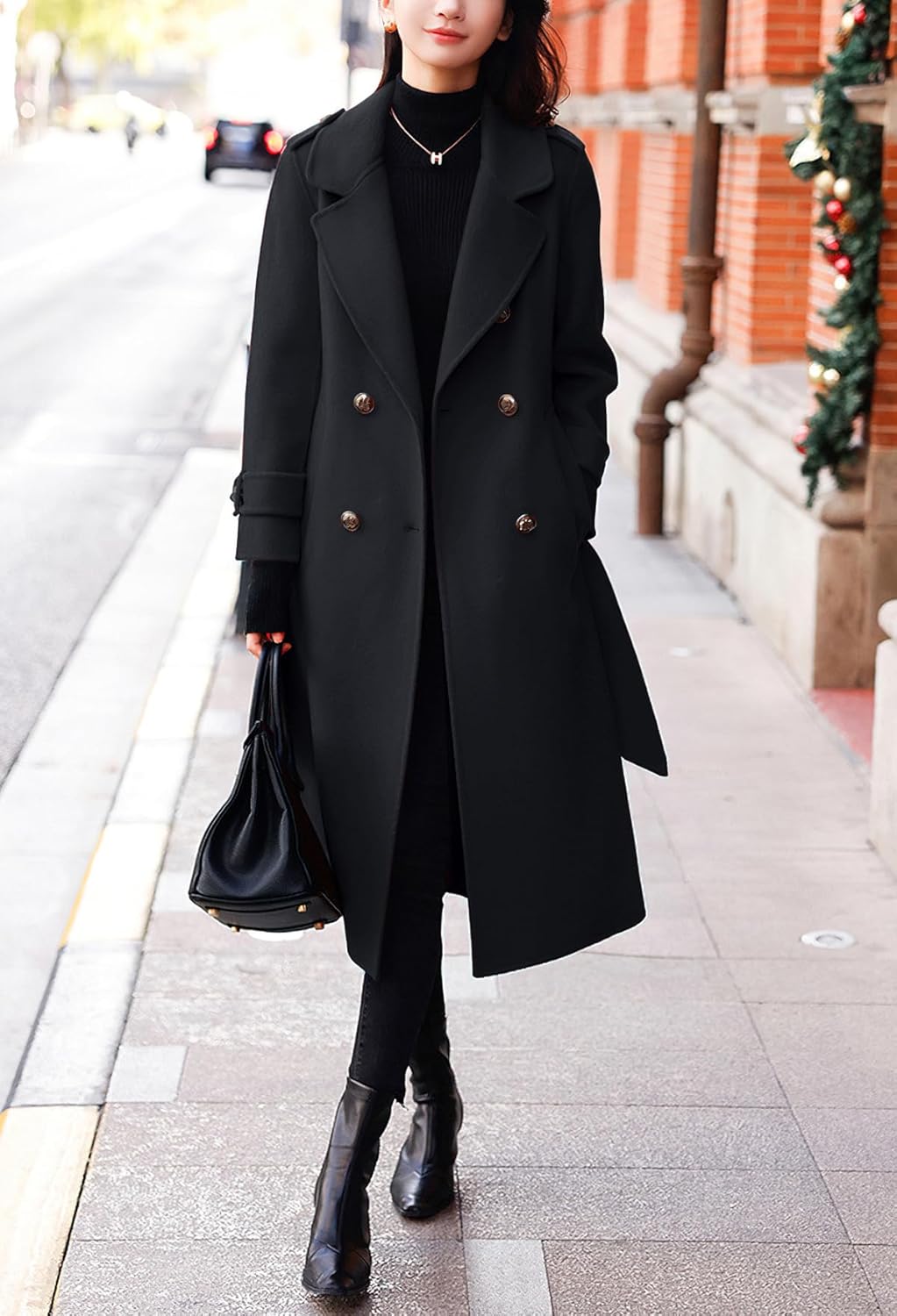 chouyatou Women's Winter Belted Wool Coat Double Breasted Midi Long Casual Trench Dressy Peacoat
