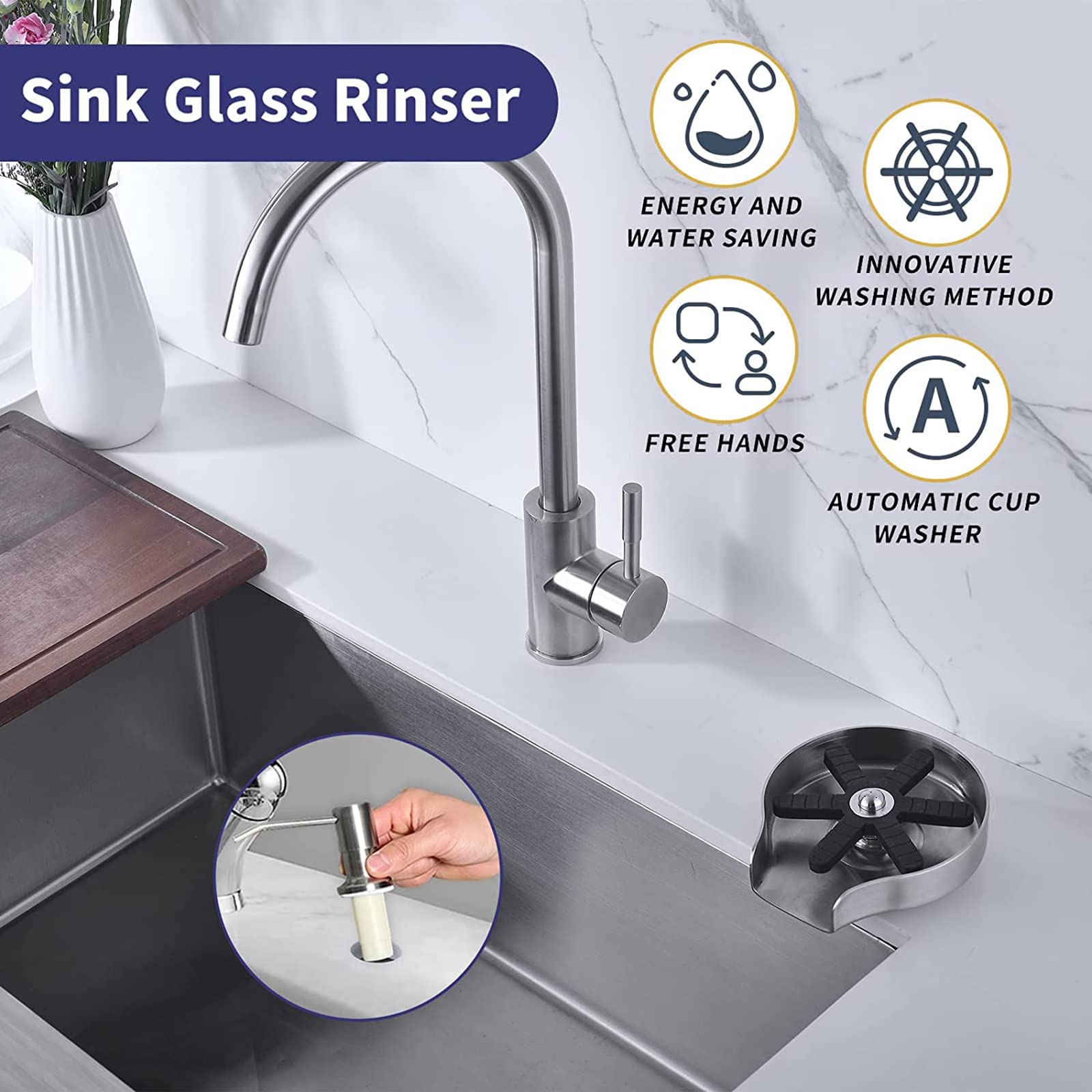 Lavavetri Automatico per Lavelli da Cucina, Lavabottiglie per Tazze di Vetro con Tubo di Ingresso dell'Acqua da 1/4, Lavabicchieri per Bar Ad Alta Pressione, per Casa, Hotel, Ristorante