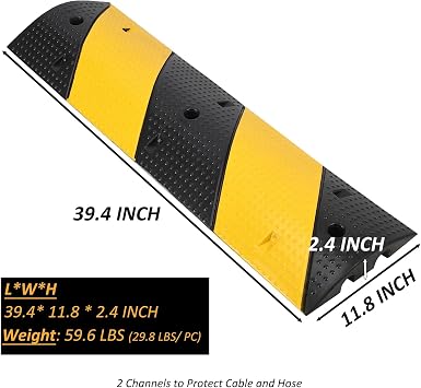 3.3 Ft Speed Bump 2 Pack Modular Rubber Speed Bump for Road Driveway | 2.4 Inch High Speed Humps 25000 LBS Capacity, 2 Channel Cable Protector Ramps with 6 Bolt Spikes for Asphalt Concrete Grave