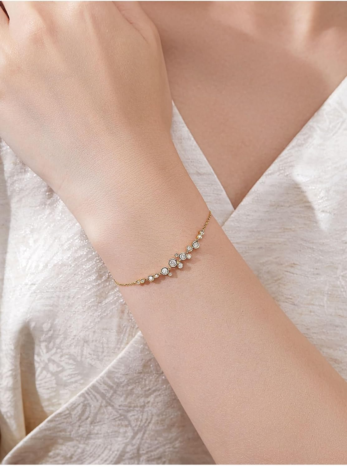 Women's Chain Bracelet Yellow Gold 9K / 14K / 18K, Chain with Diamond, 6.3" + 1.97" Extender, Womens Wedding Adjustable Bracelet Gold image 3