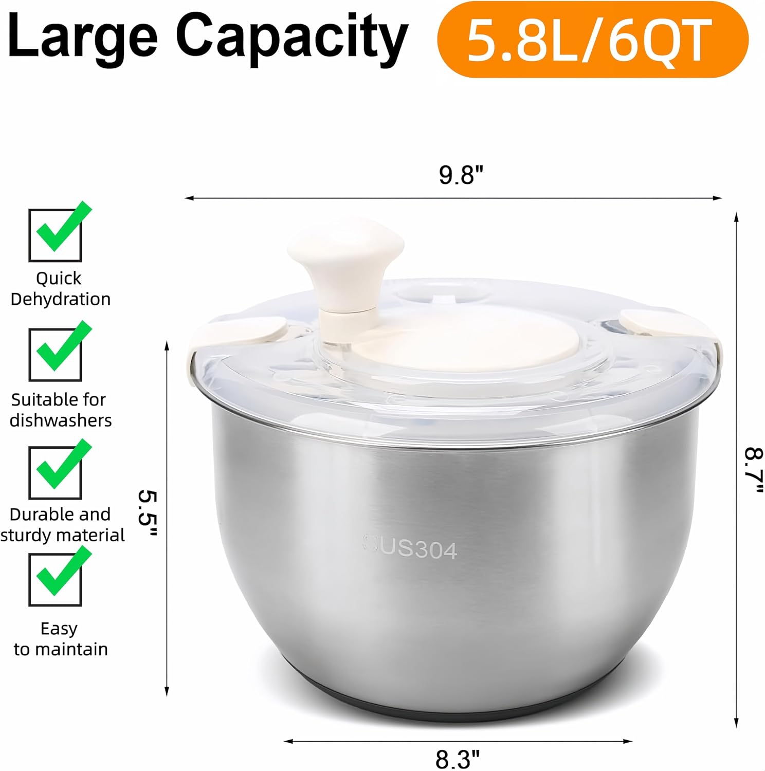 Stainless Steel Salad Spinner, 6L Salad Spinners Large Lettuce Spinner, with Drainage Basket Drainage Outlet Used for Cleaning and Drying Vegetables Food and Fruits Quick Spin Vegetable Fruit Spinner