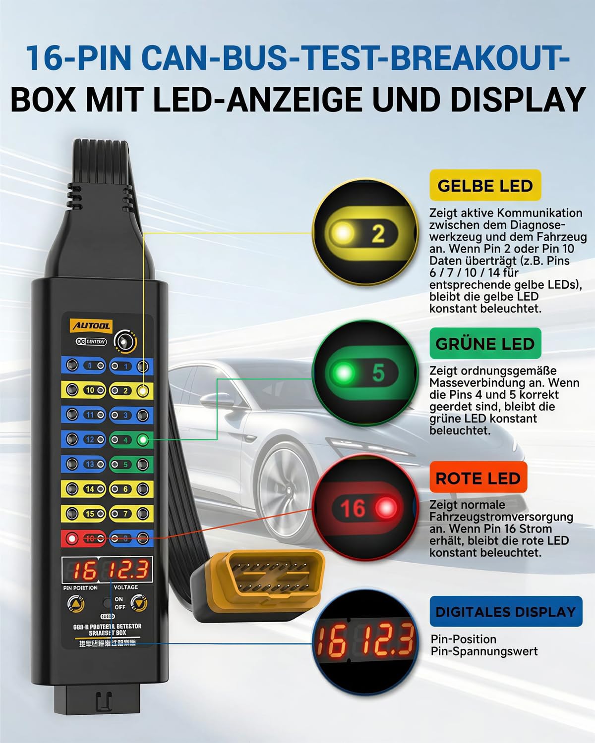 AUTOOL Breakout Box Kfz - OBD-II-Protokoll-Detektor mit Spannungsanzeige, 16-pin CAN, Jumper, kompatibel mit Scanner/Multimeter/Oszilloskop für elektrische Fahrzeugdiagnosetests