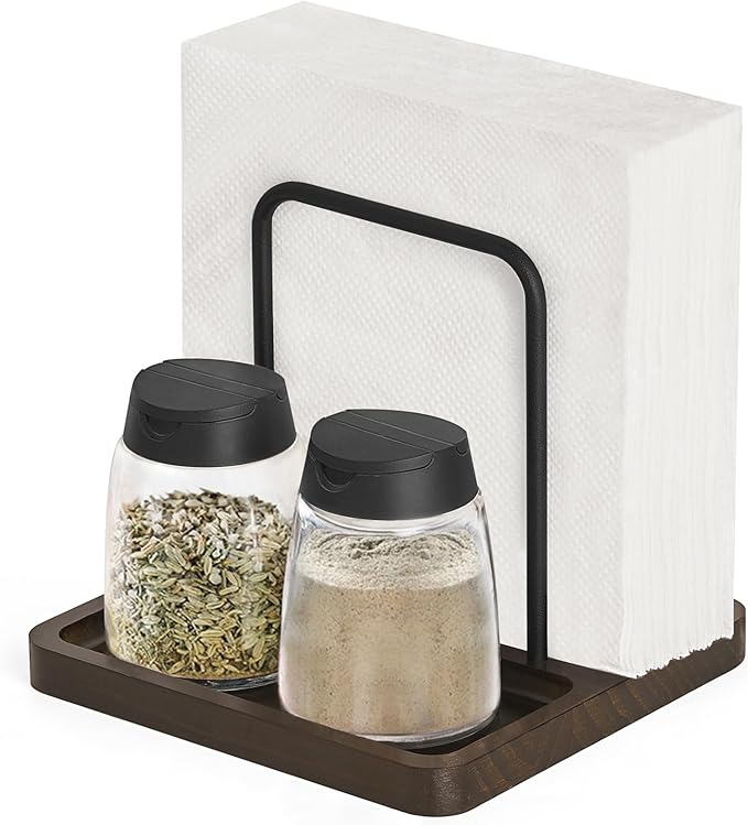 Mkono Napkin Holder for Table Farmhouse Wooden Napkin Dispenser Rustic Paper Napkin Storage for Kitchen Dining Room Coffee Bar, Brown (Salt and Pepper Shakers not Included)