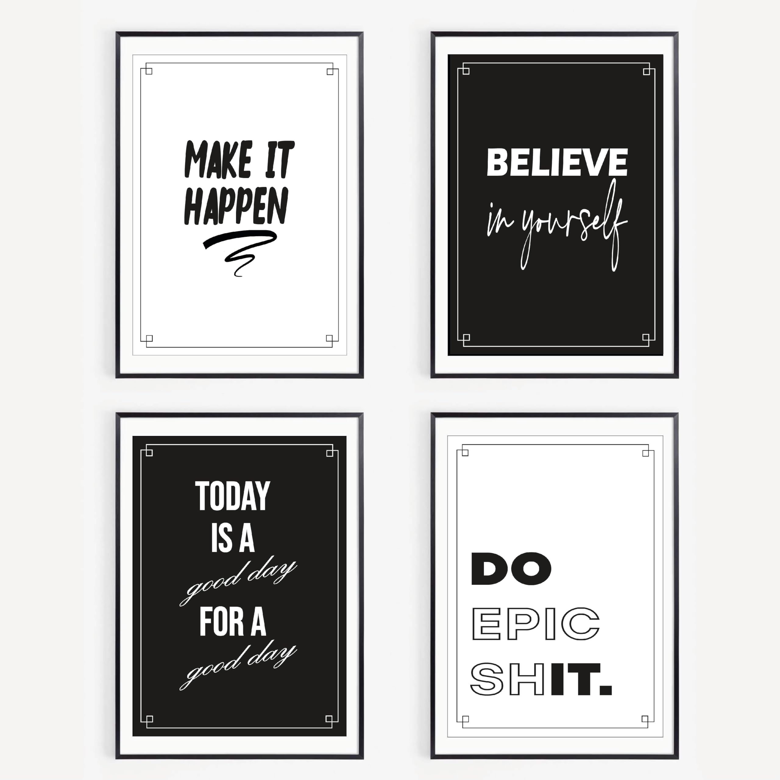 Lineo 4er Set Motivation-Poster Sprüche; Deko für Büro, Arbeitszimmer oder Flur; Hochwertiger Kunsdruck Erfolg Zitate Wand-Bilder 4 Stück in DIN-A4 (Motivation, 4er Set - 21x30 cm, Gerahmt Schwarz)