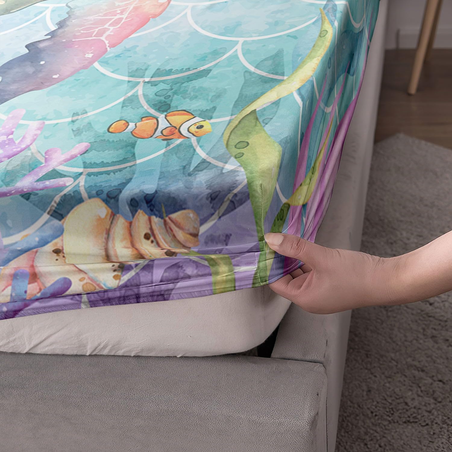 Turtle Sheets Set 4Pcs for Kids,Colorful Turtle Marine Life Printed Sheet Set with 1 Flat Sheet and 1 Fitted Sheet + 2 Pillowcases(Colorful Turtle Queen)