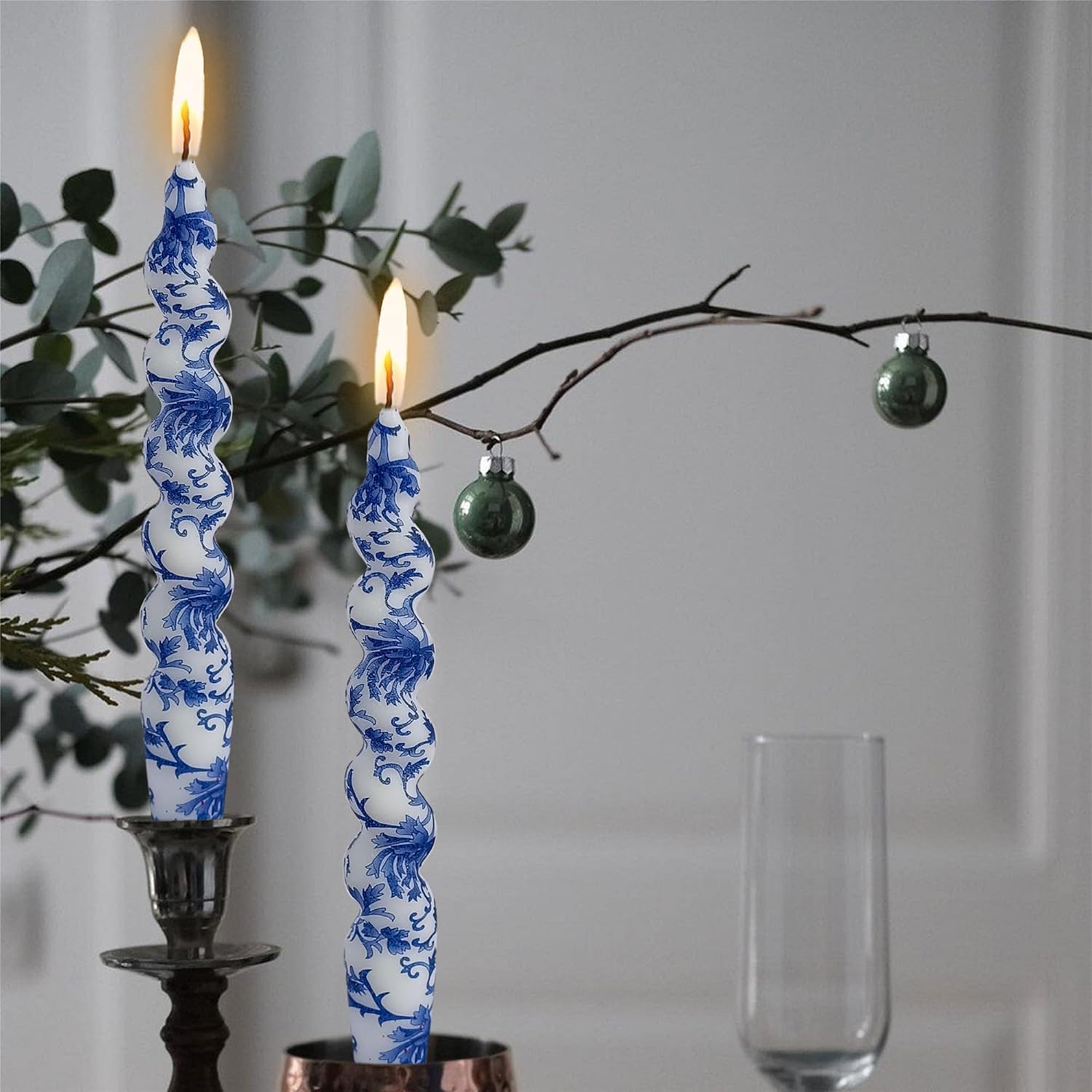 Floral Candle Sticks Printed Candlestick with 24pcs Taper Candle Wax Dots -Spiral Taper Candle Long Twisted Candlesticks 7.5inches Blue Flower Tapered Candles for Home Dinner Wedding Holiday