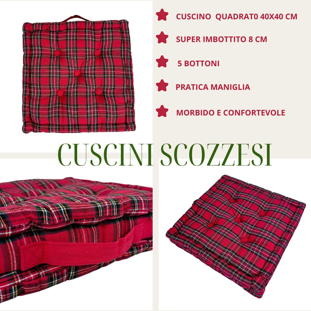 Tata Home Cuscino per Sedie Cucina 40x4 cm Cuscino Mattonella Sedia da Interno ed Esterno Cuscino Pavimento Materasso Trapuntato Imbottito Altezza 8 cm Mod. Scozzese Rosso (4 PEZZI)