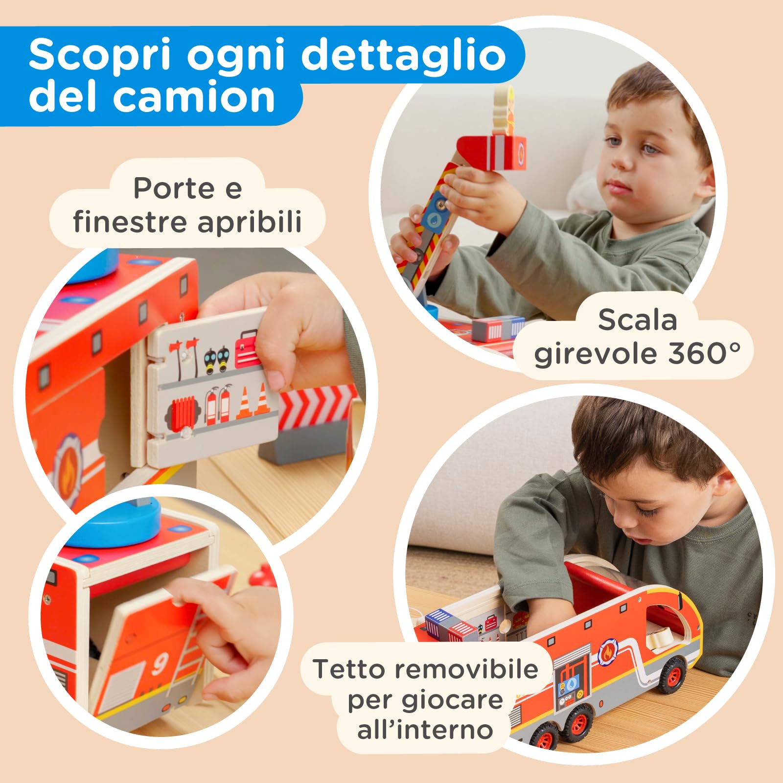 Nene Toys Camion dei Pompieri in Legno – Giocattolo Educativo Magnetico per Bambini 2+ Anni – Scala Girevole 360°, Tubi Magnetici, Idrante, Pompieri & Dalmata – Gioco Montessori FSC Regalo Perfetto