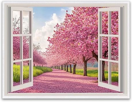 Pink Cherry Blossom Field Wall Art Window Poster Printing Artwork Canvas Pictures for Living Room Modern Paintings Wall Bedroom Decor 12x16inch Frameless