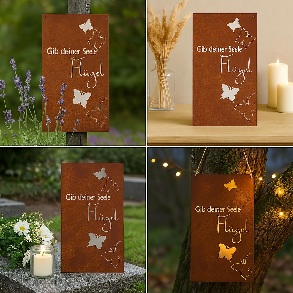 Edelrost Spruchtafel Gib deiner Seele Flügel, Rostdeko Gartendeko Tafel aus Metall 22x37 cm, nostalgisches Design, ideal für Garten und Terrasse