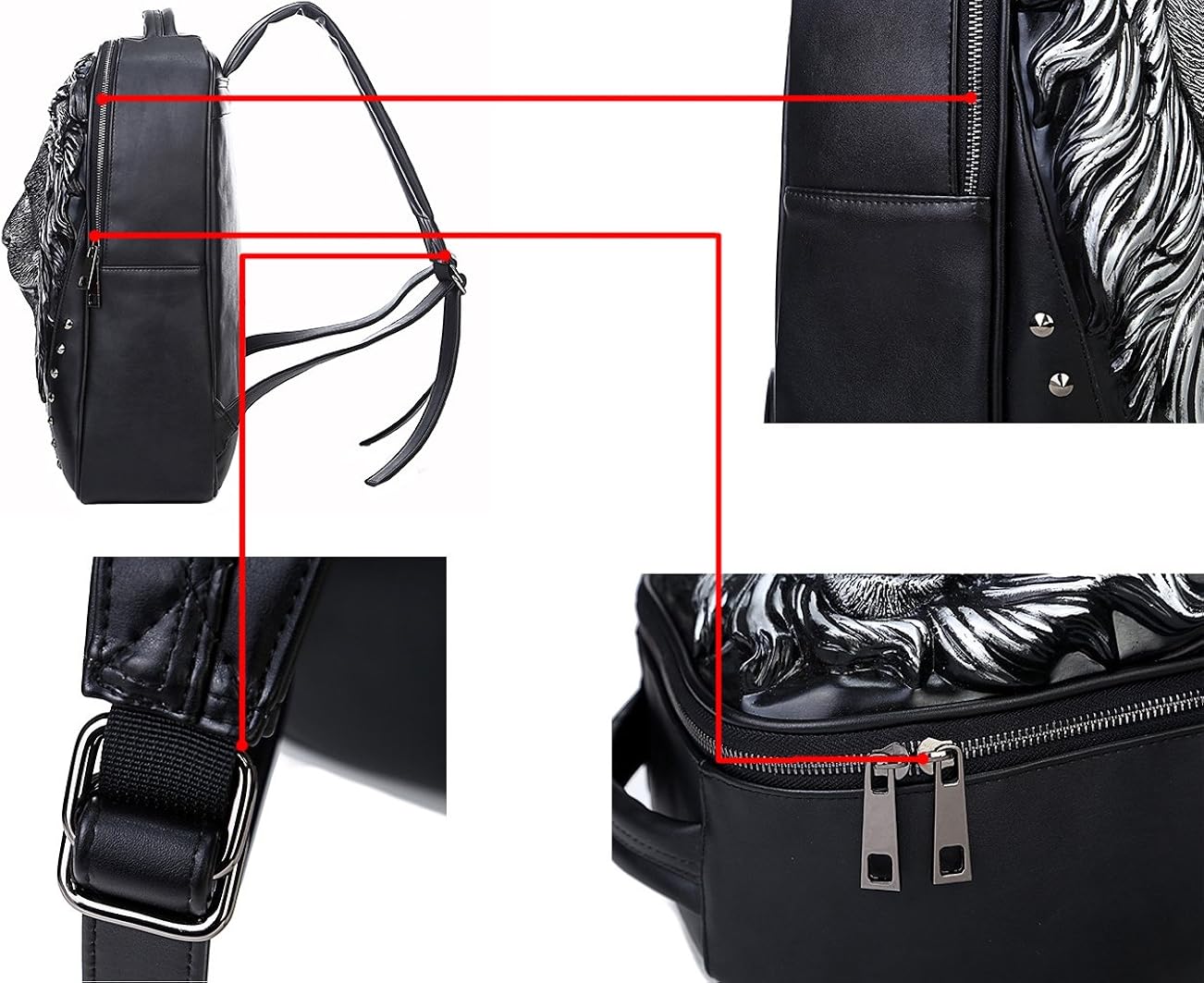 ❤ Crazy Deals 3D Animal Head Backpack, Studded PU Leather Cool Laptop Backpack College Bookbag (Lion-Black)