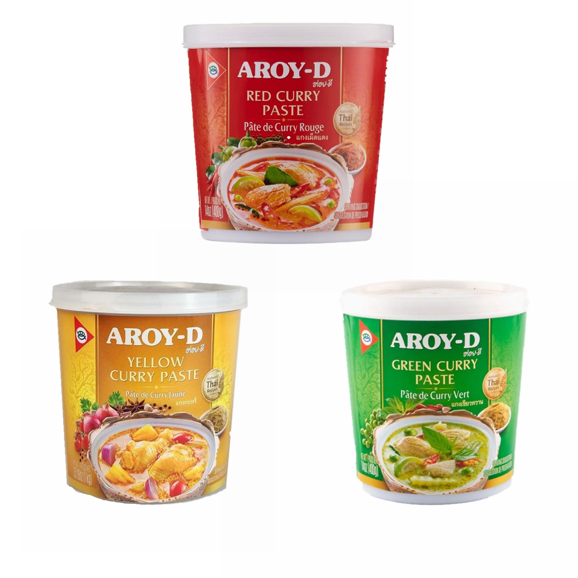 YIJIA | PACK 3x400gr Salsa Curry en pasta Tailandés (Rojo, Amarillo, Verde) - Aroy-D Salsa Curry de Tailandia Original