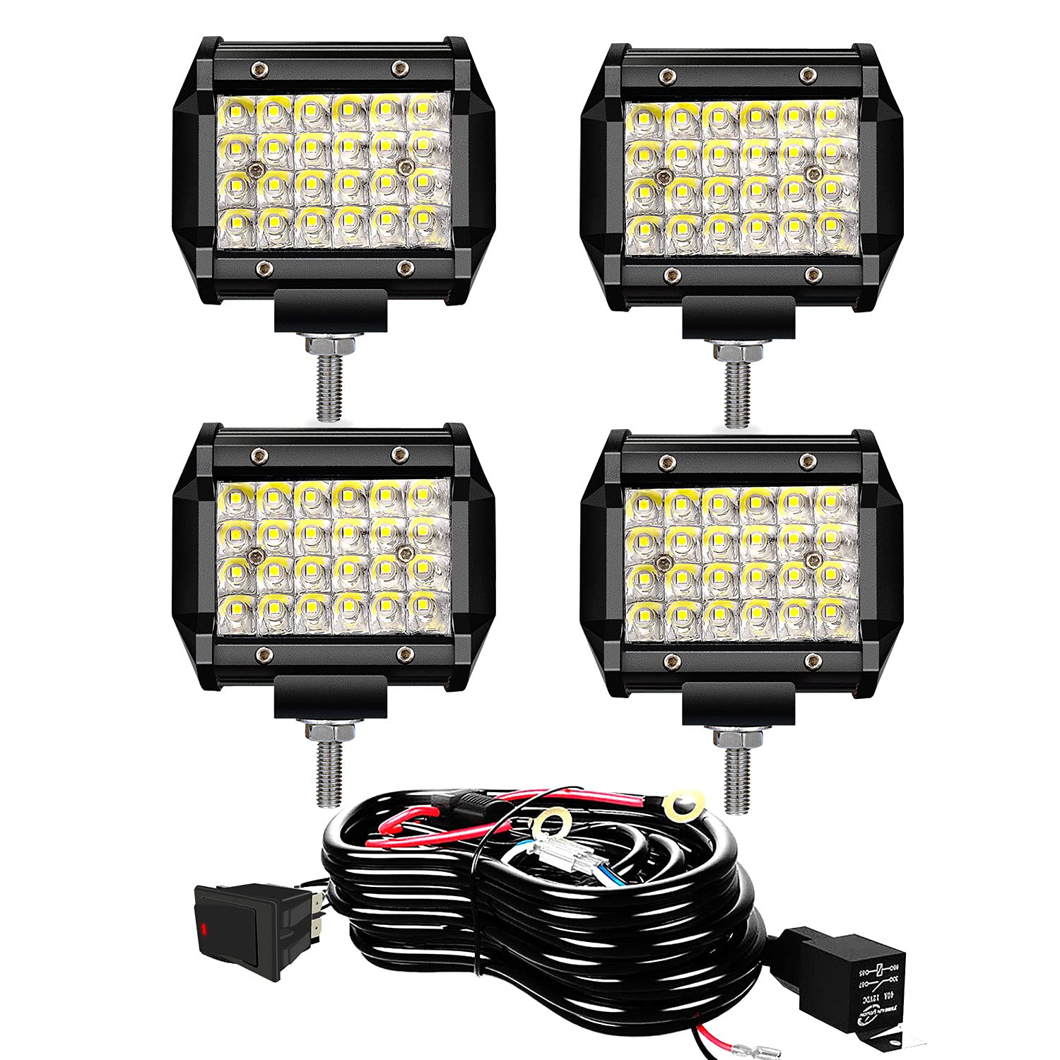 TURBO SII4 Inch LED Pod Lights Quad Row 144W Spot Beam LED Cubes Lights Fog Lights w/Wiring Harness for Jeep Trucks ATV UTV SUV Boats,4 Pack
