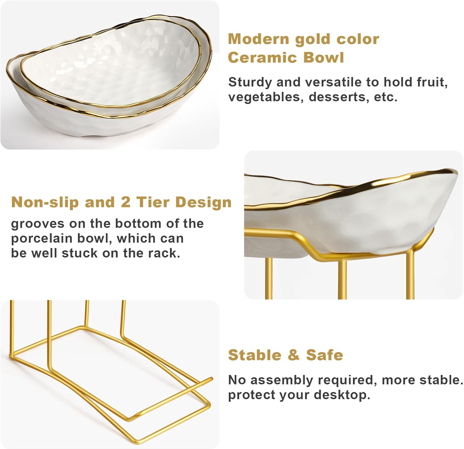 Fruit Bowl for Kitchen Counter, 2 Tier Fruit Basket for Counter, Ceramic Fruit tray, Tiered Holder with Metal Stand, Modern Detachable Rack for Vegetable Snack Dessert Storage (Gold&White)