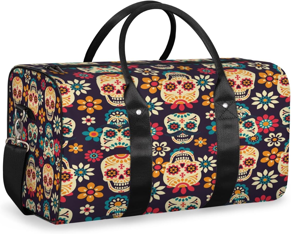 Interesting Flower Skulls Travel Duffel Bag for Women Men Large Capacity Overnight Weekender Bags for Lightweight Waterproof Sport Gym Bag for Workout Yoga Swim