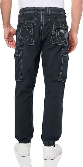 True Religion Men's Non Denim Big T Cargo Jogger, Jet Black, 32