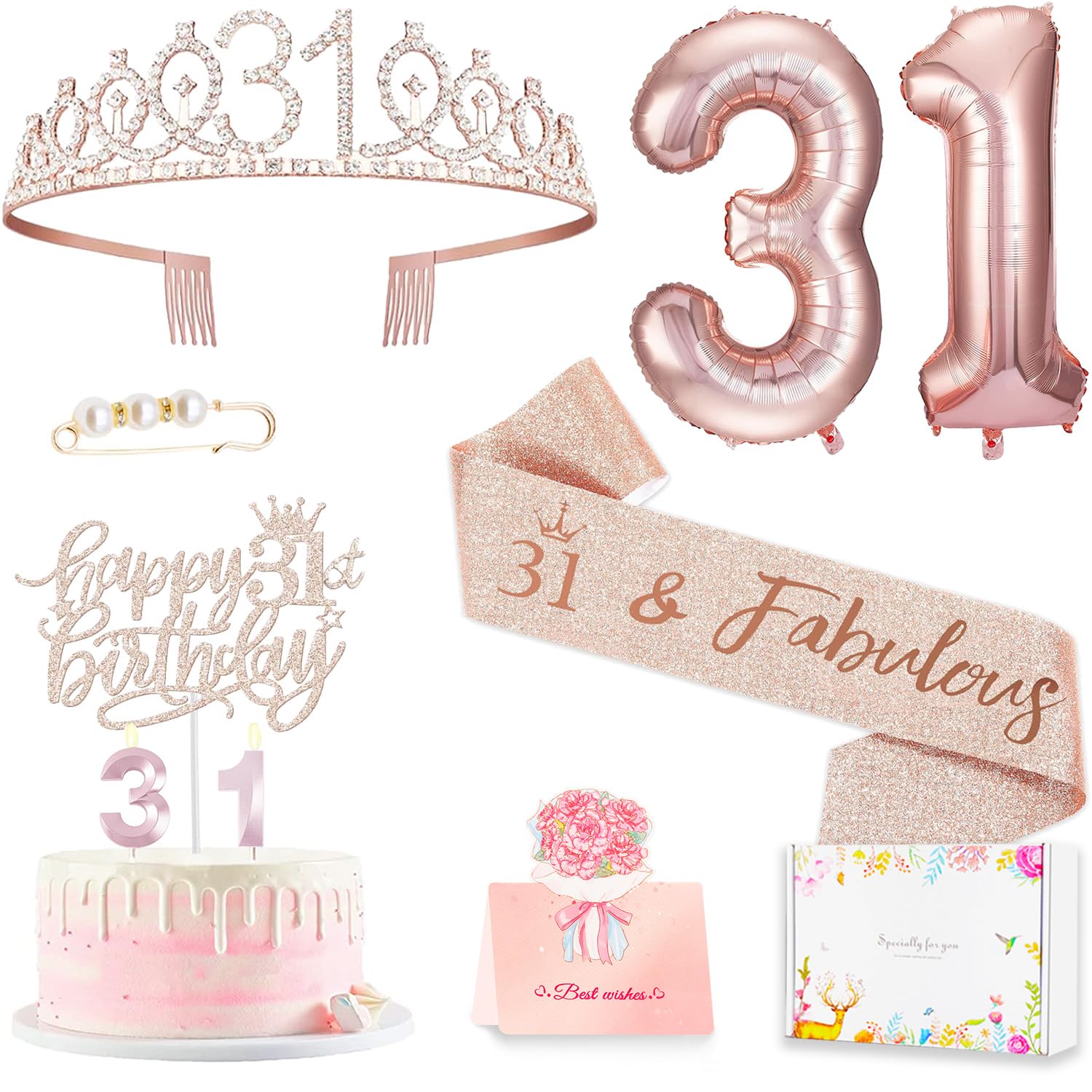 Awfrky 31st Birthday Decorations for Her Women, Including 31 year old Birthday Cake Topper, Queen Sash with Pearl Pin, Sweet Rhinestone Tiara Crown,