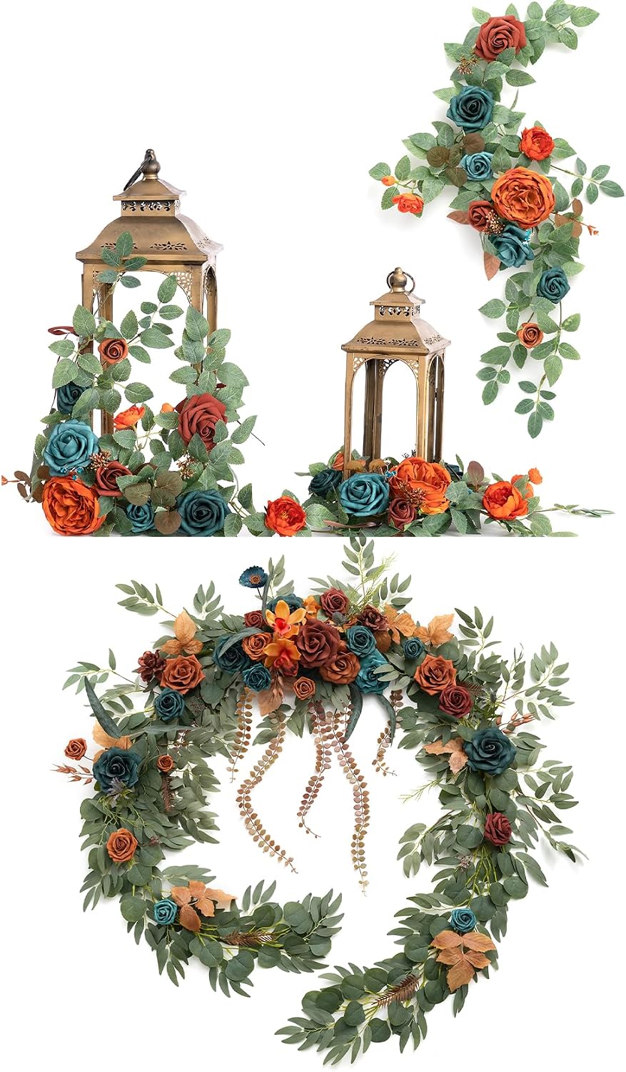 Pre-Arranged Wedding Flower Packages in Teal & Burnt Orange,Reception Decor Package (Set of 13)