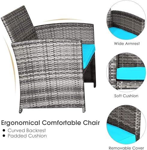 Miniatura 6 de HAPPYGRILL Juego de 4 piezas para conversación de patio con cojines suaves, juego de muebles de ratán con mesa de centro de mimbre de polietileno y