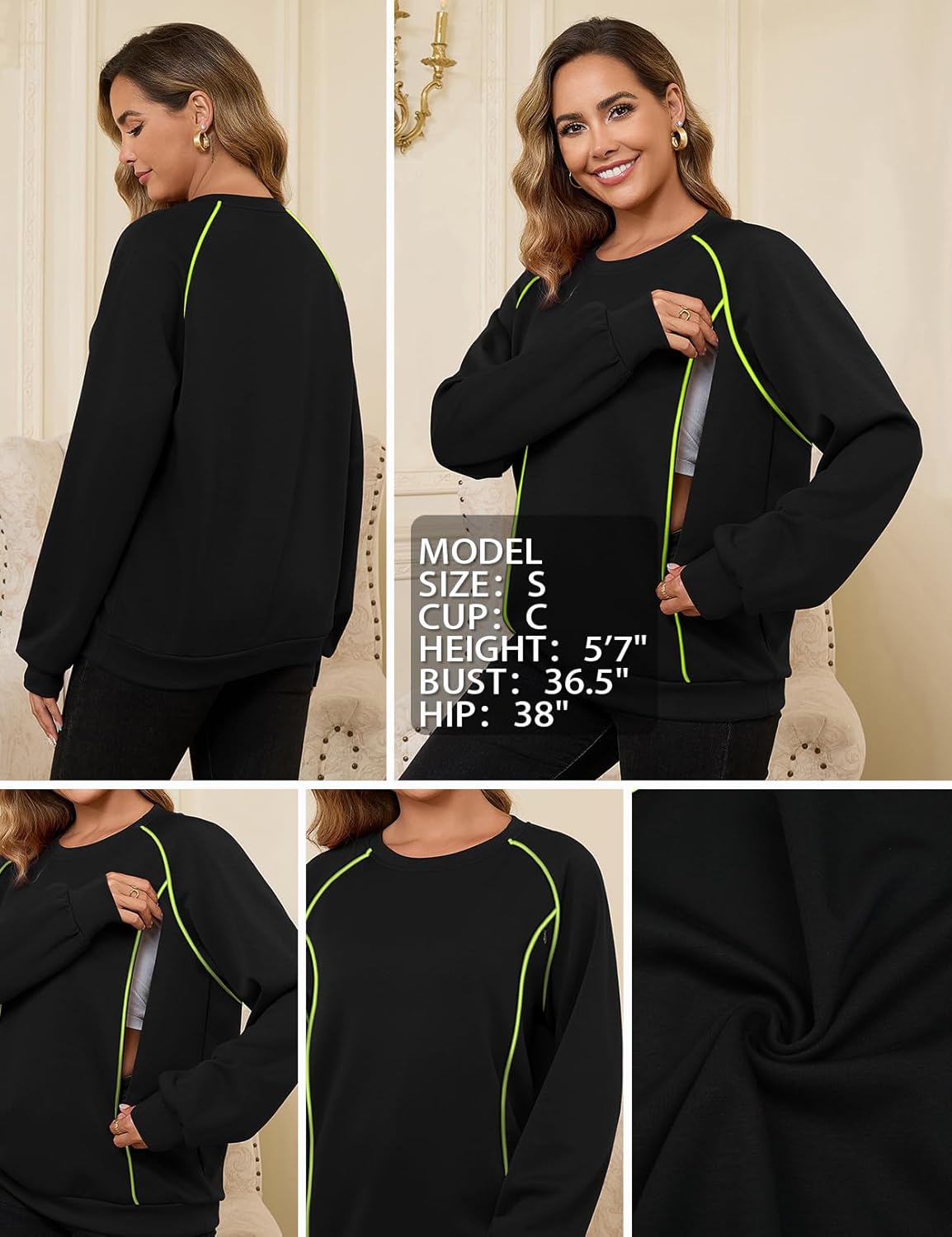 Bhome Nursing Shirts for Breastfeeding Loose Fit Zipper Long Sleeve Breast Feeding Sweatshirts with Side Pockets - Image 5