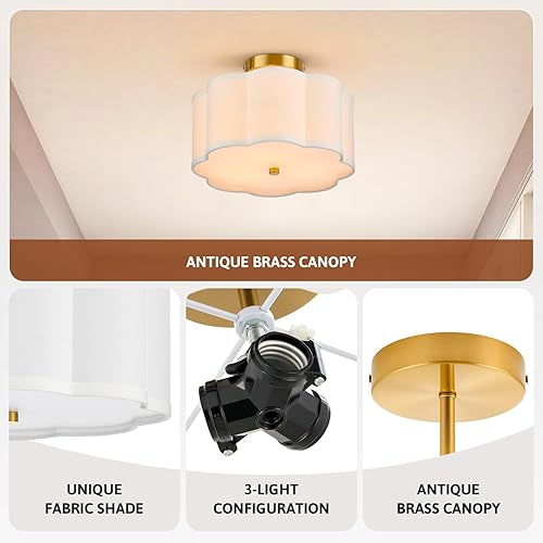 Miniatura 4 de VONLUCE Lámpara de techo semiempotrada, lámpara de techo de 12.6 pulgadas con pantalla de tela en forma de flor, lámpara moderna de 3 luces para