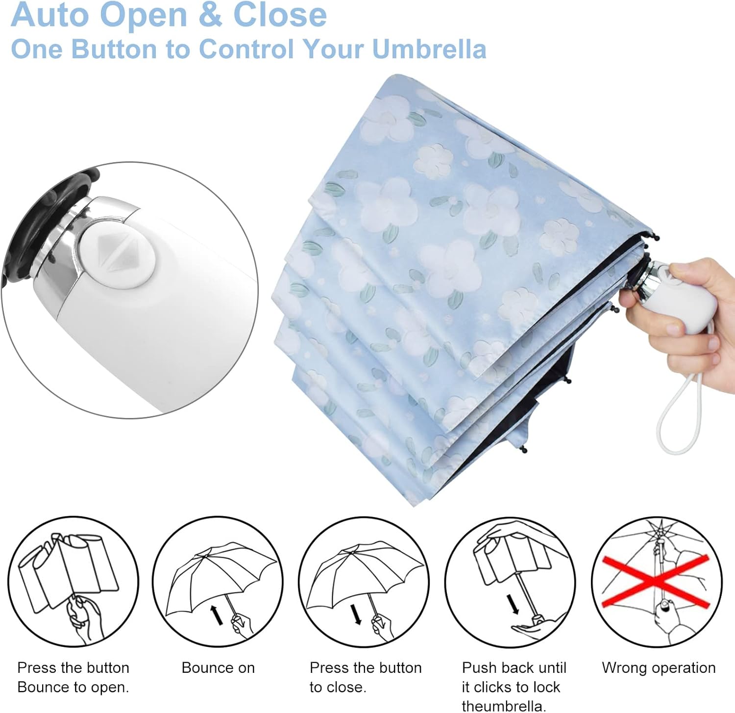 Cuby UV Sun Umbrella Compact Folding Travel Umbrella Auto Open and Close for Windproof, Rainproof & 99.9% UV Protection Parasol with Black Anti-UV Coating (Blue Jasmine) - Image 5