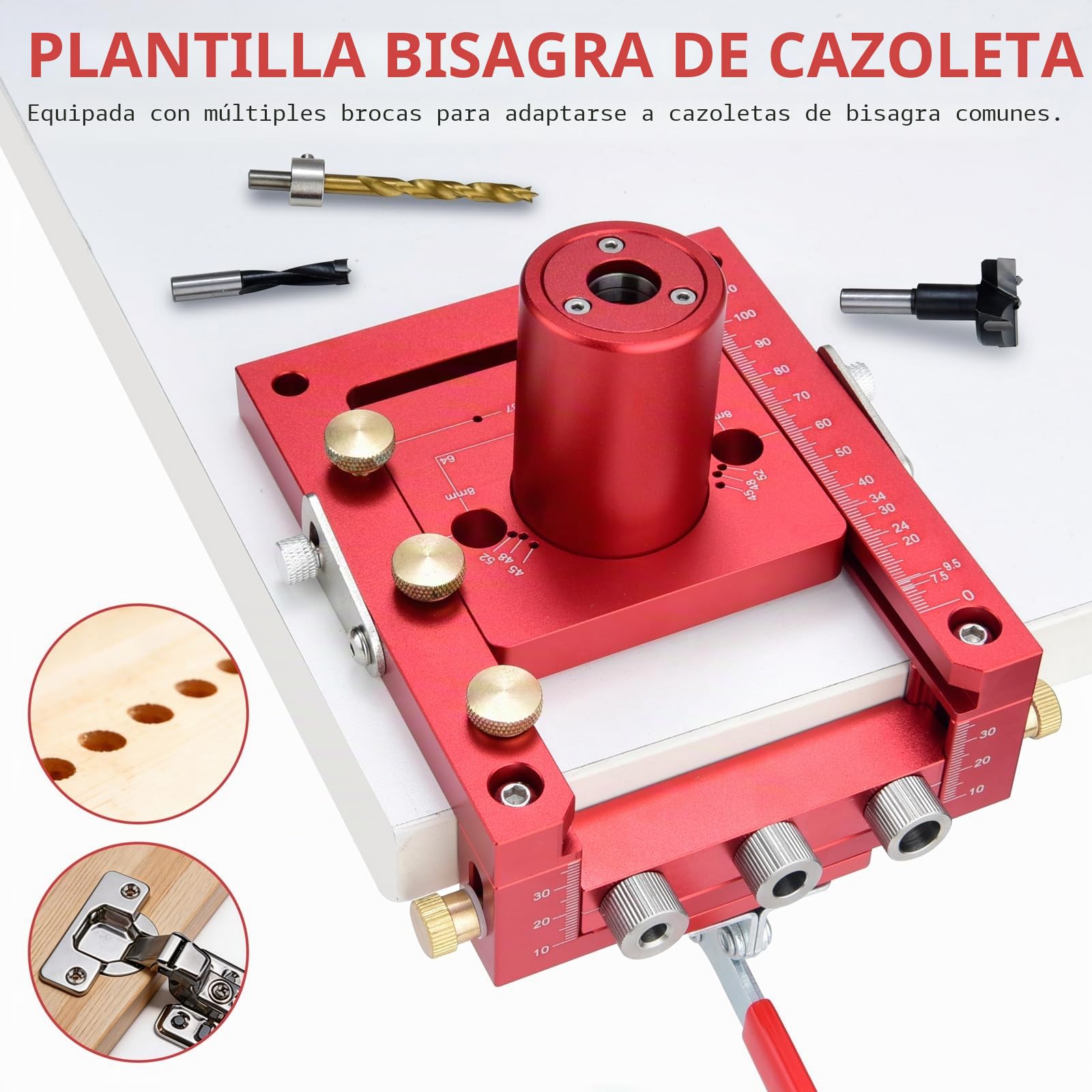 Plantilla para Pasadores 6/8/10mm, Guía de Bisagra 35/20/15/10/8/6mm, Localizador Perforación de Agujeros Autocentrante con Escala Precisa, para Gabinetes, Muebles Paneles, Carpintería Bricolaje