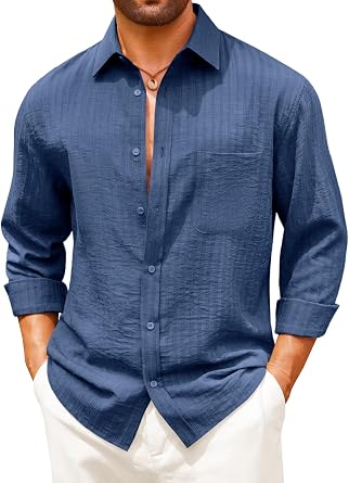 Runcati Mens Linen Button Down Shirts Long Sleeve Casual Textured Shirt | Solid, Cotton, Summer Beach, Hippie Tops, with Pocket, Spread Collar, Wedding Tops