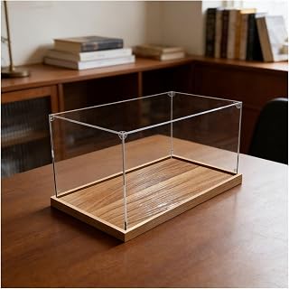 Countertop Transparent Box Full Size, Acrylic Display Case for Collectibles Figure Statue, Retail Store Memorabilia Protector Cube with Wood Grain Base(24x6x6in)
