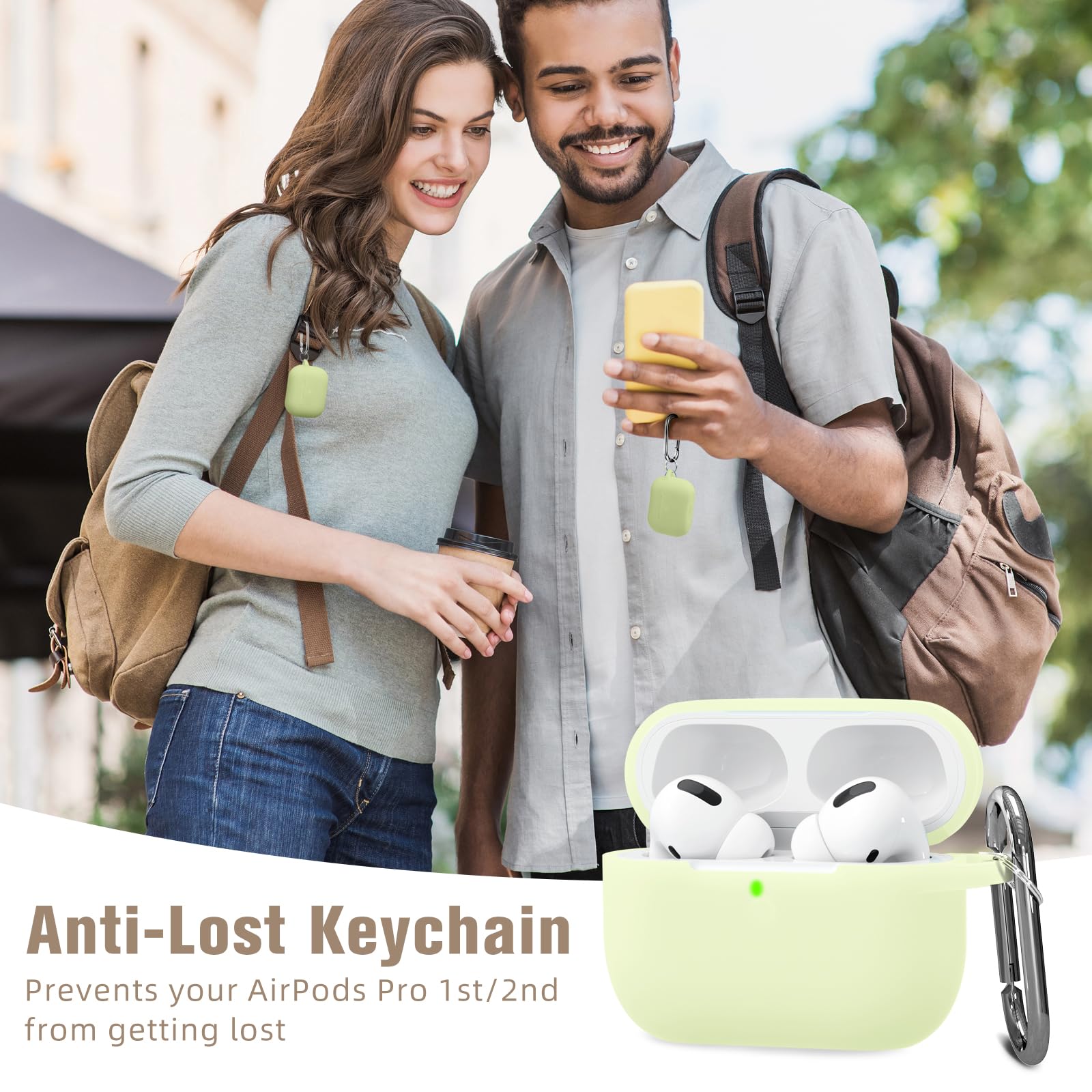 Hamile Custodia protettiva per AirPods Pro, in silicone, antiurto, per Apple Airpod Pro 2019, con portachiavi, giallo, verde, verde notte