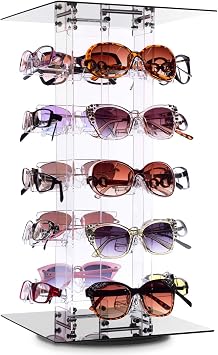 MOOCA Acrylic Rotating Eyewear Display Stand, Holds 20 Frames | Premium rotating acrylic eyewear rack with oversized supports holds up to 20 large sunglasses or frames and assembles easily.