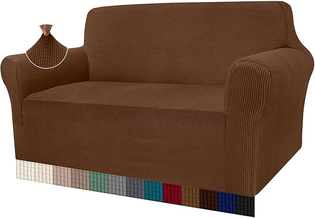 Granbest High Stretch Sofa Covers 2 Seater Super Soft Loveseat Cover Universal Couch Covers Jacquard Sofa Cover for Dogs Non Slip Furniture Protector Machine Washable (2 Seater, Coffee)