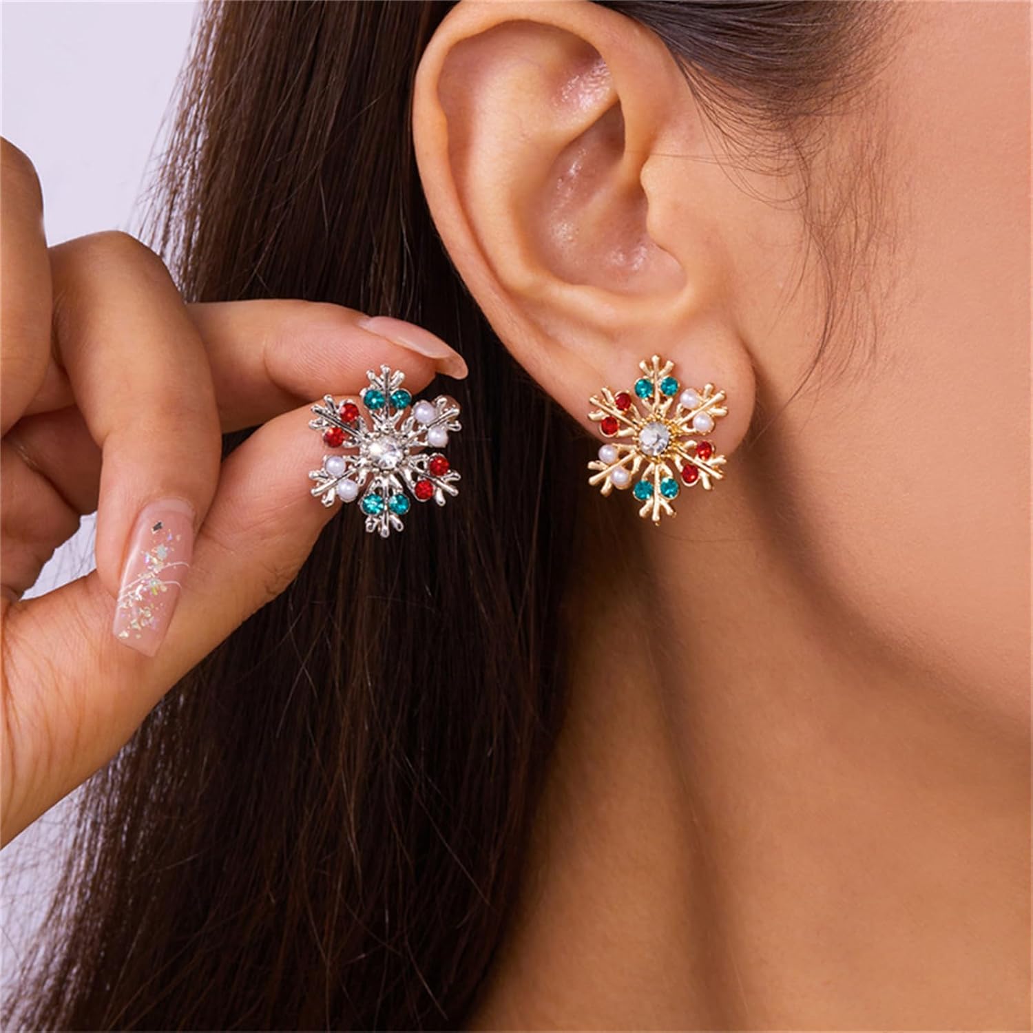 Christmas Snowflake Small Stud Earrings Gold Plated Elegant Frozen Ice Flower Simulated Pearls Chic Red Green Crystal Rhinestone Earrings for Women Minimalist Xmas New Year Winter Holiday Fashion Jewelry - Image 2