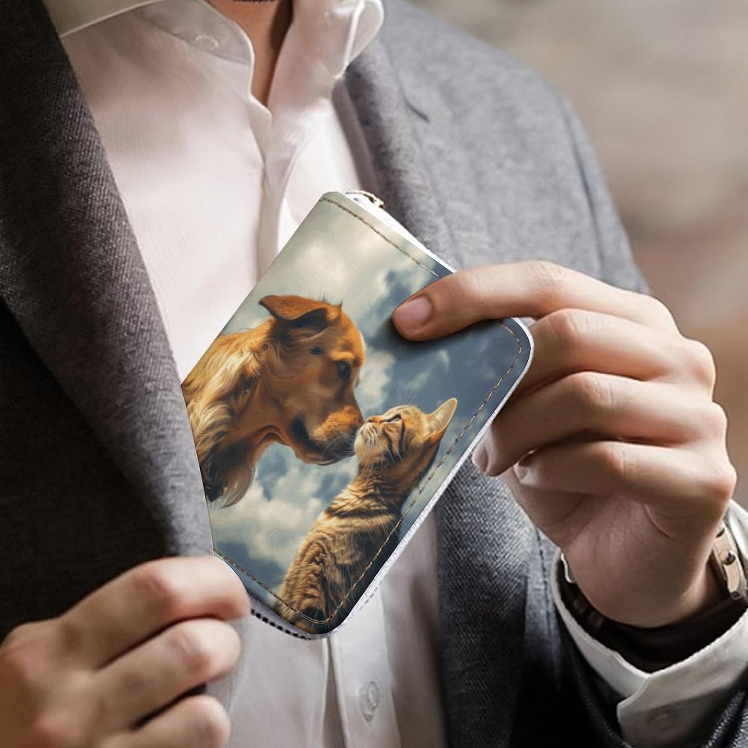 Leather Card Organizer Case Card Wallet Credit Card Holder Dog And Cat Face to Face Printed Zipper Card Cases Holder for Women Men