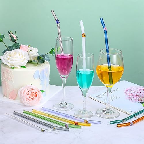 Miniatura 3 de Roshtia 12 pajitas de vidrio con diseño de flores, reutilizables, lindas pajitas de cristal con 2 cepillos de limpieza para verano, playa, piscina,