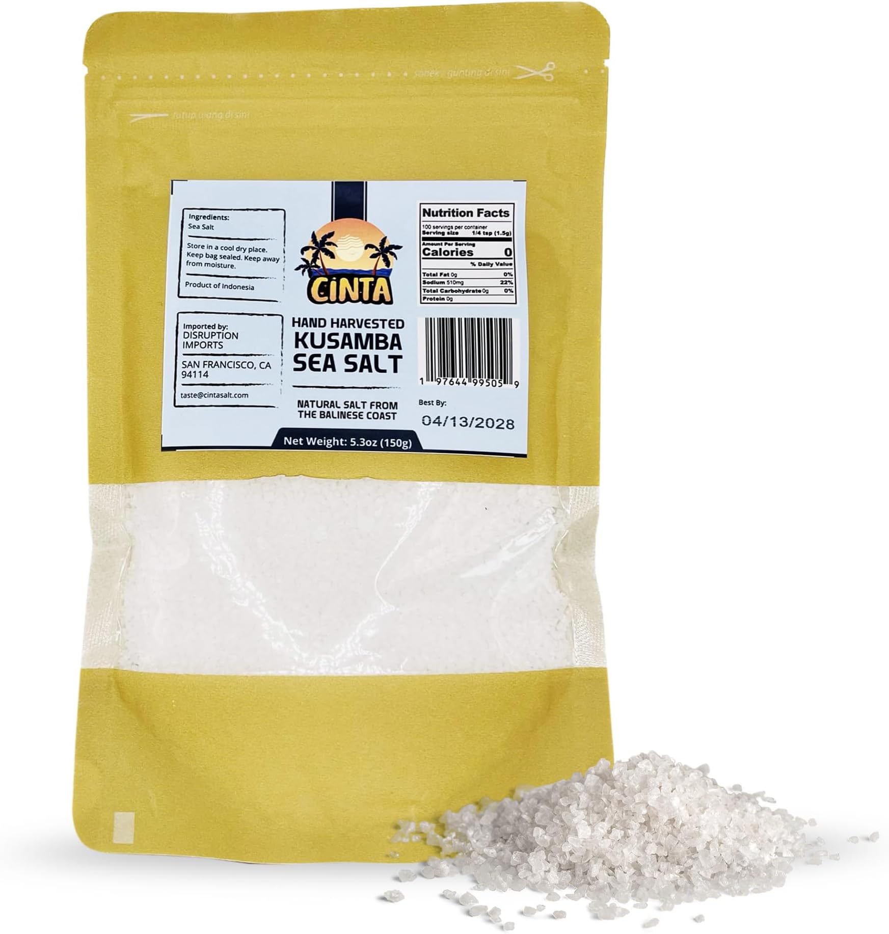 Cinta - Balinese Kusamba Sea Salt, Hand-Harvested Sea Salt from Bali, All-Natural Small Crystal Sea Salt With No Additives or Refining, Natural Salt for Cooking, Snacks, and More, 5.3 oz