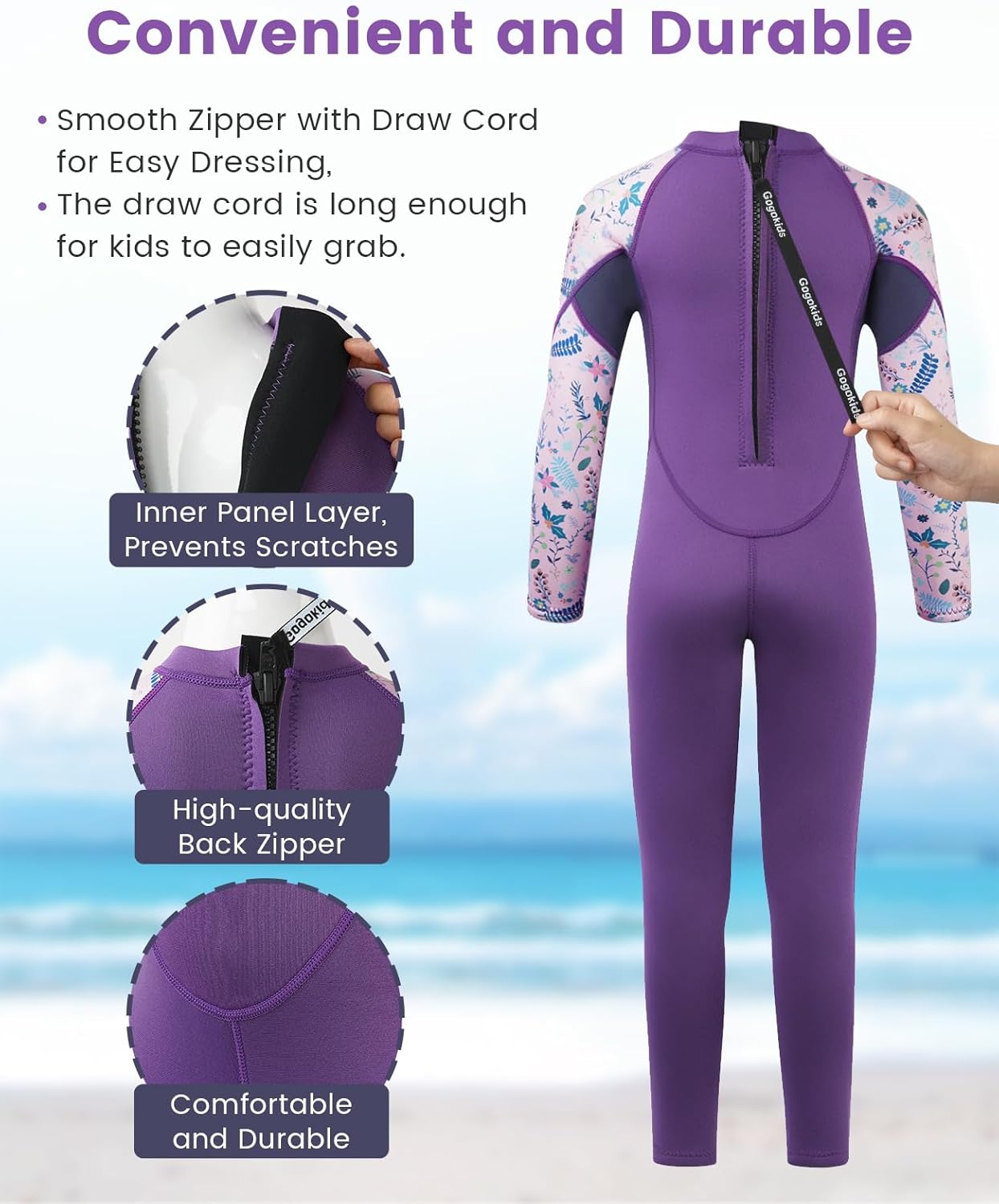 Gogokids Kids Wetsuit, Youth 2.5mm Neoprene Thermal Full Wet Suits, Girls Long Sleeve Back Zip Sun Protection Swimsuits for Water Sports, Diving, Swimming, Surfing Lessons, Keep Warm