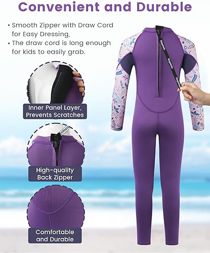 Vista 11 de Gogokids Kids Wetsuit, Youth 2.5mm Neoprene Thermal Full Wet Suits, Girls Long Sleeve Back Zip Sun Protection Swimsuits for Water Sports, Diving