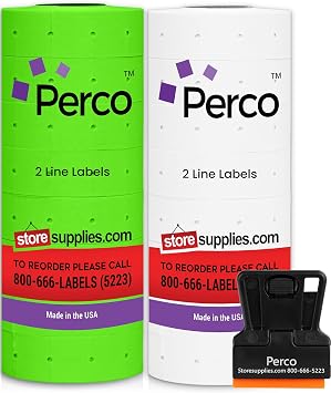 Perco White & Green Pricing Labels for Perco 2 Line Price and Date Gun One White & One Green Sleeve - 12,000 Price Marking Labels 2 Sleeves, 16 Rolls Combo Pack - with Label Scraper Included